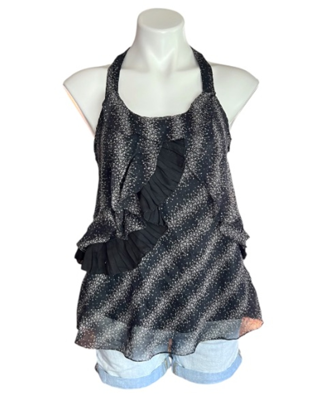Cecico Black Starry Halter Top Ruffle Sheer Whimsigoth Y2K M